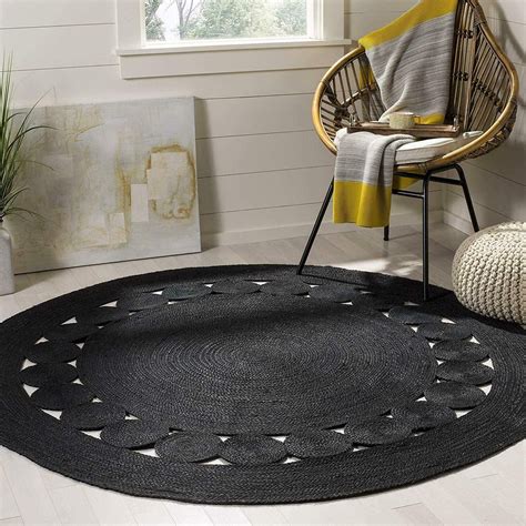 Hand Woven, Oriental Jute Round Area Rug, Black 4x4" Living Room , Indoor, Garden Carpet Rug ...