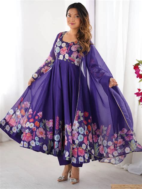 ⚡️Buy Alluring Purple Floral Printed Organza Casual Wear Anarkali Suit ...