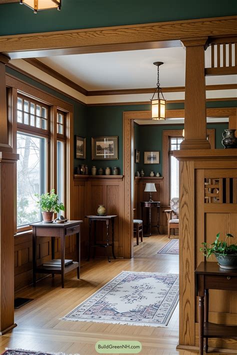Wood-paneled craftsman interior with green walls and rugs. Get cozy ...