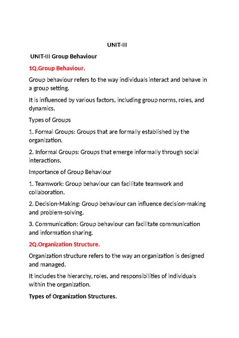 Group Behaviour and Organization Structure: Insights from UNIT-III OB ...