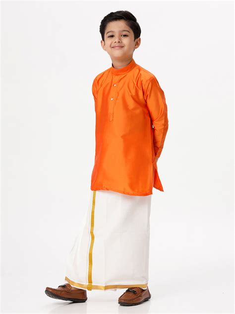Boys Silk Cotton Full Sleeves Orange Kurta with Gold Jari Dhoti Combo ...