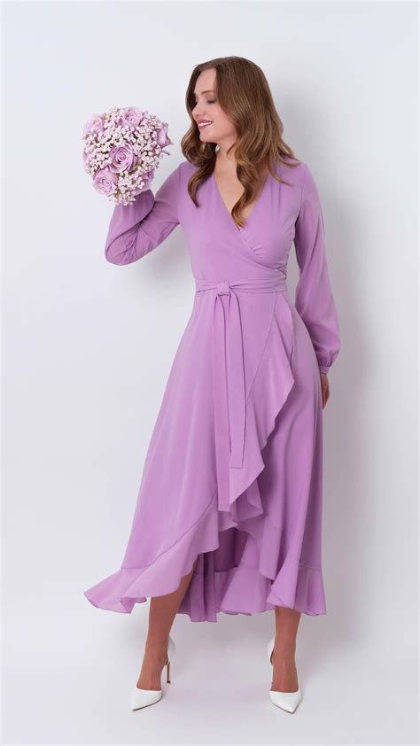 Lilac chiffon wrap dress, chiffon bridesmaid dress, wedding guest dress, bridesmaids dr ...