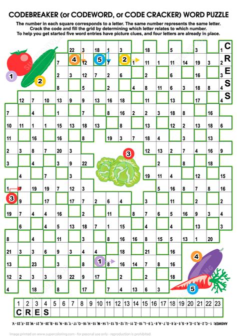 Vegetables Codebreaker Word Puzzle | Free Printable Puzzle Games