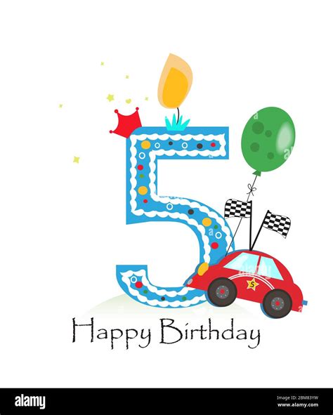 Happy fifth birthday candle. Baby boy greeting card with race car ...