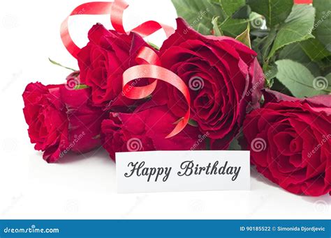 Happy Birthday Card with Bouquet of Red Roses Stock Photo - Image of ...