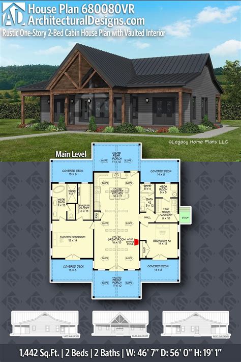 Plan 680080VR: Rustic One-Story 2-Bed Cabin House Plan Under 1500 ...