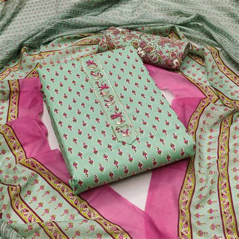 Sea Green Floral Printed Pure Cotton Dress Material