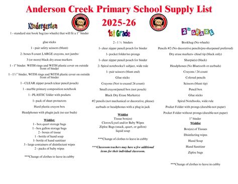 Supply List | Anderson Creek Primary School