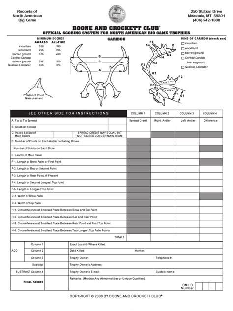 Boone and Crockett - Caribou Score Sheet | Big Game Hunting | Hunting