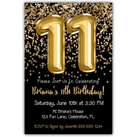 11th Birthday Invitation Gold Balloons Glitter on Black Birthday Party ...