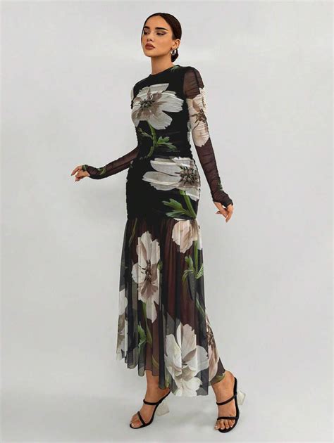 Aloruh Romantic Date Ruched Long Sleeve Printed Mesh Black Dress With ...