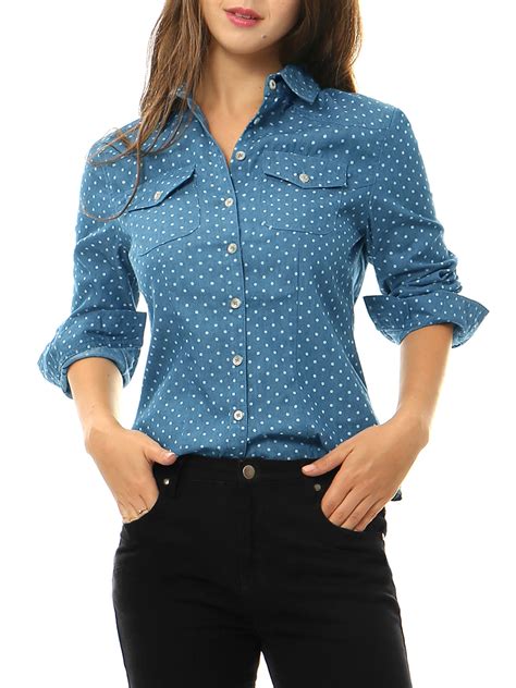 Allegra K Women's Point Collar Long Sleeve Button Down Chest Pockets ...