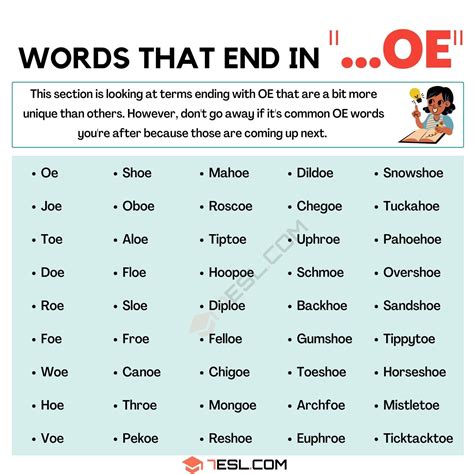 Words that End in OE (80+ Words in English) • 7ESL