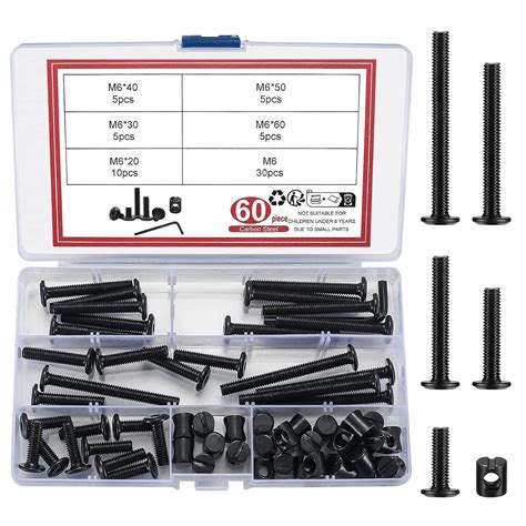 60 Pcs M6 Bolts Nuts Kit, Crib Bed Screws Replacement, Hex Socket Head ...