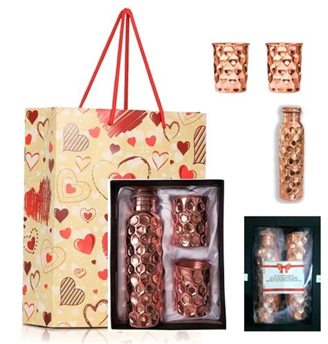 Diamond Cut Copper Water Bottle 2 Glasses with Gift Box and Paper Bag ...