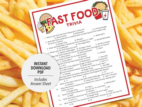 Fast Food Trivia | Fast Food Trivia Game | Printable Fast Food Trivia ...