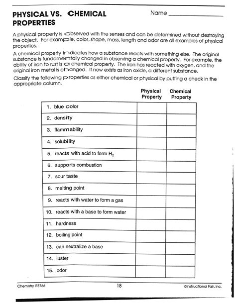 Physical And Chemical Properties And Changes Worksheet - Adriansonfifth
