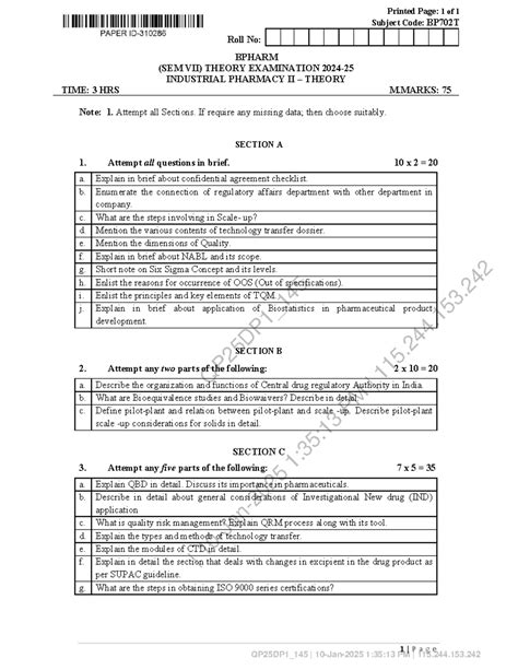 BPHARM SEM VII Industrial Pharmacy II BP702T Exam Notes Jan 2025 - Studocu