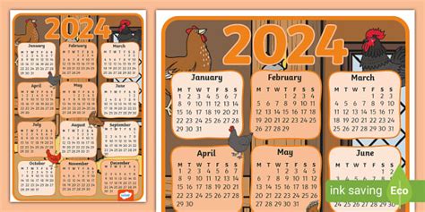 Chicken-Themed 2024 Wall Calendar Poster (teacher made)