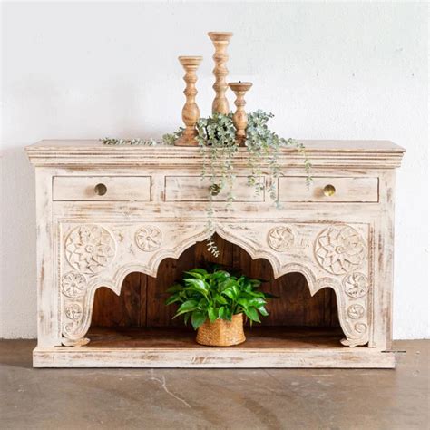 Hand‑Carved Mehrab Console Table — Solid Mango Wood with 3 Drawers, Di ...