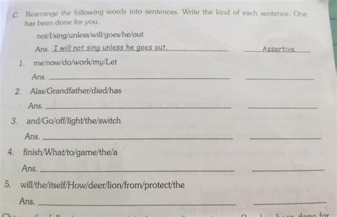 Rearrange the following words into sentences. Wirte the kind of each ...