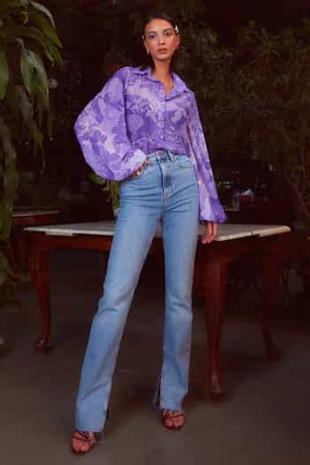 Buy Purple Georgette Floral Motifs Collared Neck Orchid Printed Shirt ...