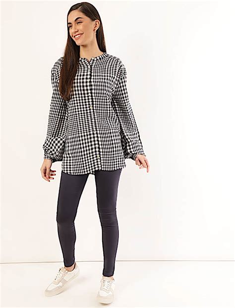 Buy Viscose Mix Checked Mandarin Collar Shirt at Marks & Spencer