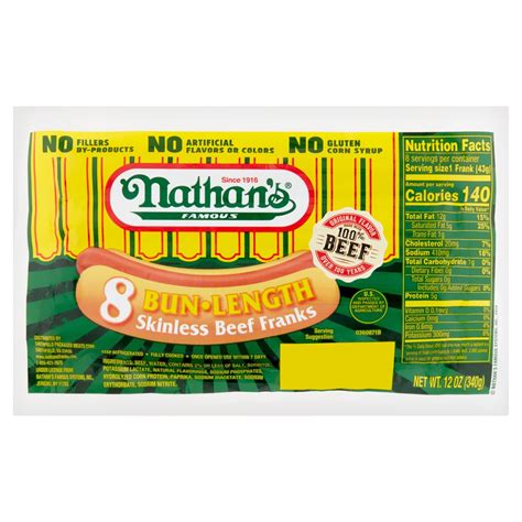 Nathan's Famous Bun-Length Skinless Beef Franks, 8 count, 12 oz - The ...