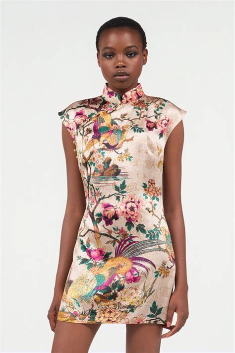 Oriental Bird Print Silk Mini Dress in Ivory/Pink for Women | Roberto ...