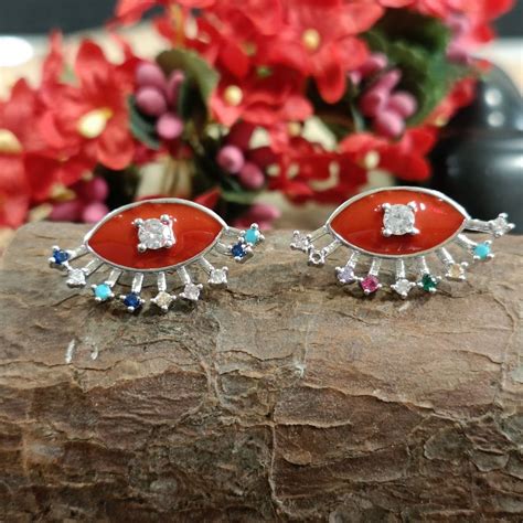 Silver Plated Sterling Multicolor CZ with Enamel Work Evil Eye Stud Fa ...