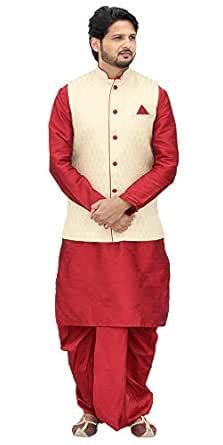 Shubh Mangalam Red Kurta Dhoti With Golden Jacket Sets For Men : Amazon ...