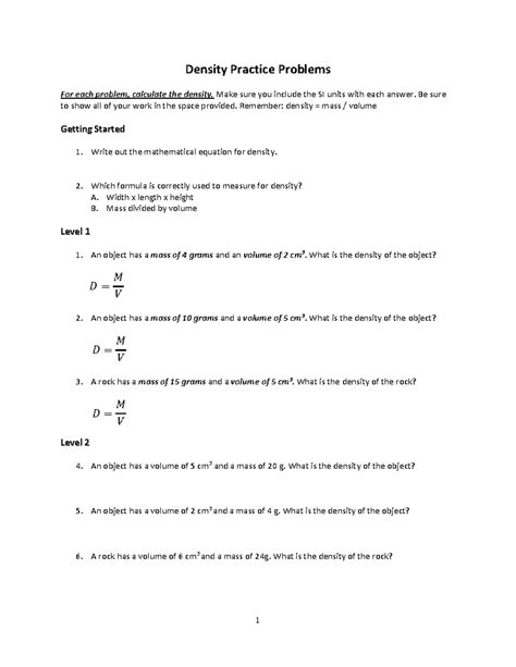 Density 2 - Density Practice Problems For each problem, calculate the ...