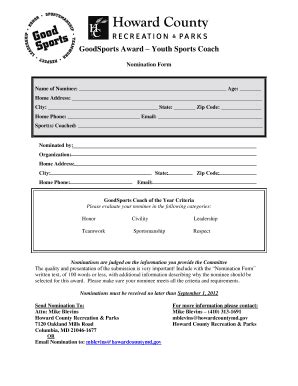 Fillable Online howardcountymd GoodSports Award Youth Sports Coach ...