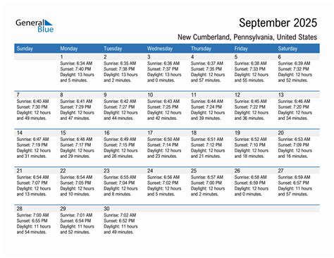 September 2025 Sunrise and Sunset Calendar for New Cumberland, United ...