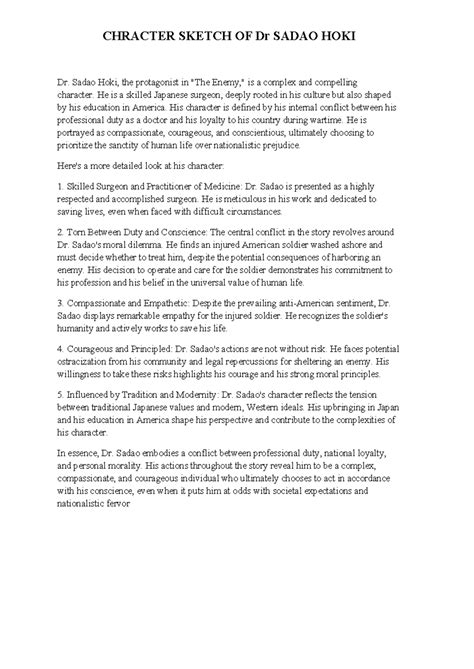 Character Sketch of Dr. Sadao Hoki: A Complex Protagonist - Studocu