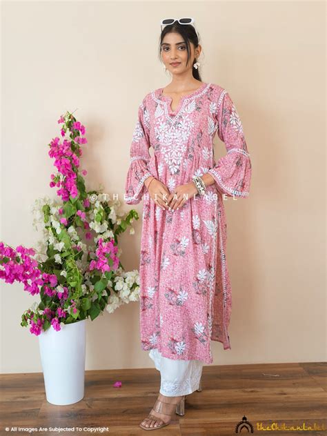 Zoha Mulmul Cotton Chikankari A-Line Kurti - Pink | The Chikan Label