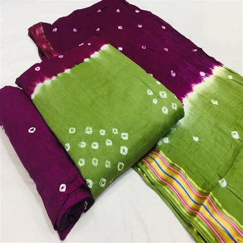 Green-Purple Bandhani Printed Cotton Blend Dress Material