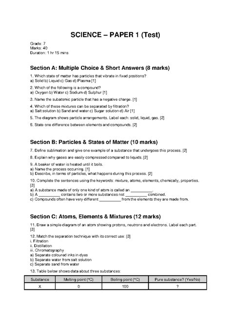 SCIENCE TEST GRADE 7 (Ch 5, 6, 7) - MULTIPLE CHOICE & SHORT ANSWERS ...