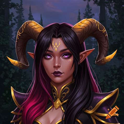 A close-up digital painting of a female Tiefling with dark skin, purple ...