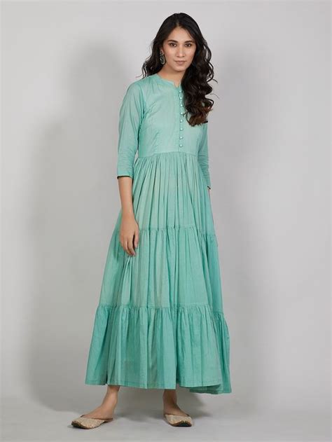 Buy Mint Green Mulmul Anarkali Tiered Maxi Dress with White and Pink ...