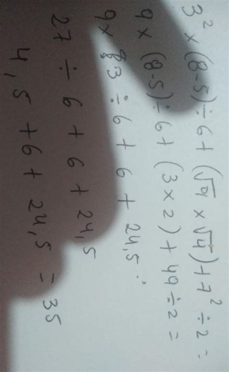 3²×(8-5)÷6+(√9×√4)+7²÷2 solución - Brainly.lat