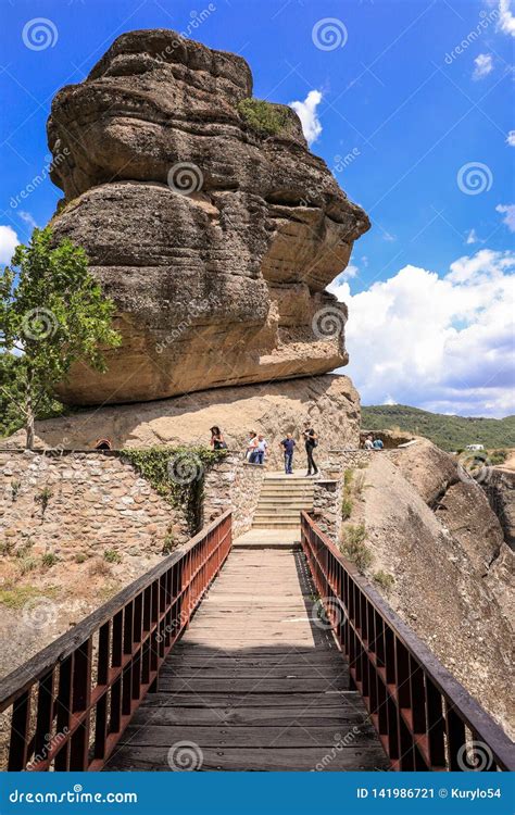 Bridge, Rock and Tourists at the Monastery of Varlaam of the Meteora ...