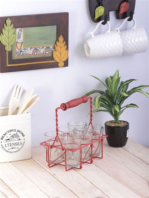 Buy VarEesha Cutting Chai Red Holder with 6 Tea Glasses Set Online at ...