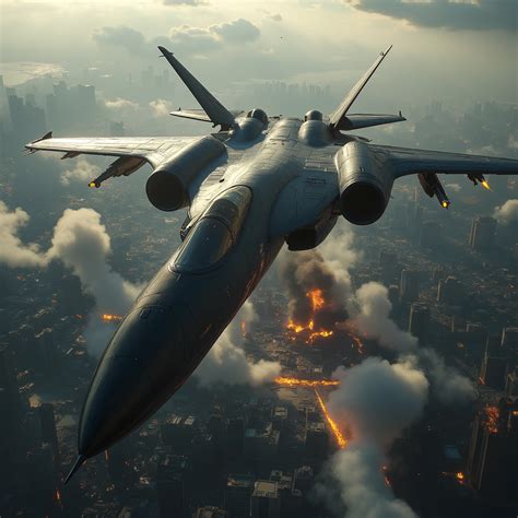 There is a jet flying over a city with a lot of smoke - SeaArt AI