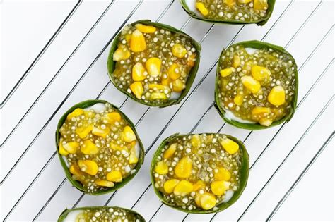 Thai dessert coconut pudding with tapioca pearl or sago and corn ...