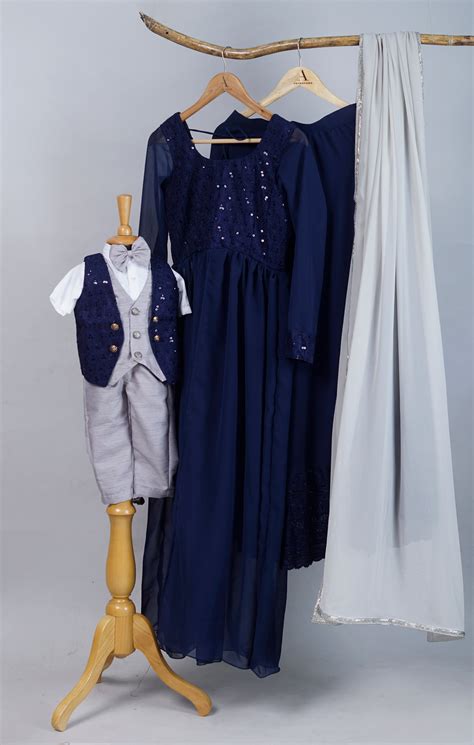 Navy Blue with Grey Blue Grand Mom and Son Combo Matching Set ...