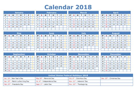 2018 Yearly Calendars with Holidays | Activity Shelter
