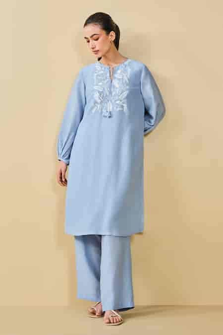 Buy Blue Bamboo, Linen Embroidery Keyhole Neck Cloud Sky Kurta And Pant ...