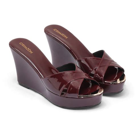 Crimzon Women Aiyana Burgundy Wedges 4.0 Inch Heel Faux Leather