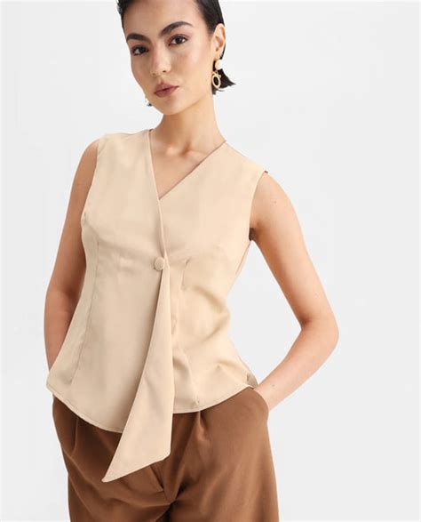 Rareism Women's Alnam Beige Satin Overlap Neck Dyed Sleeveless Regular